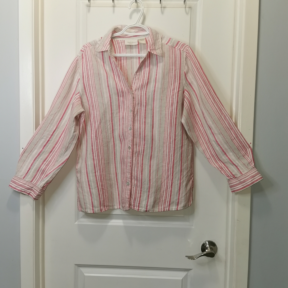 Studio‎ Works Pink and White Striped Button Down Shirt 100% linen